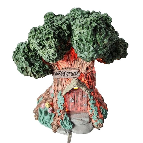 Vintage 90s Lighted Tree House Happy Easter Figurine Spring Decor Display - Picture 1 of 8